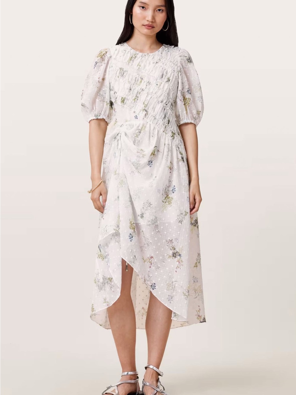 All Saints Cream White Floral Midi Dress with Puff Sleeves